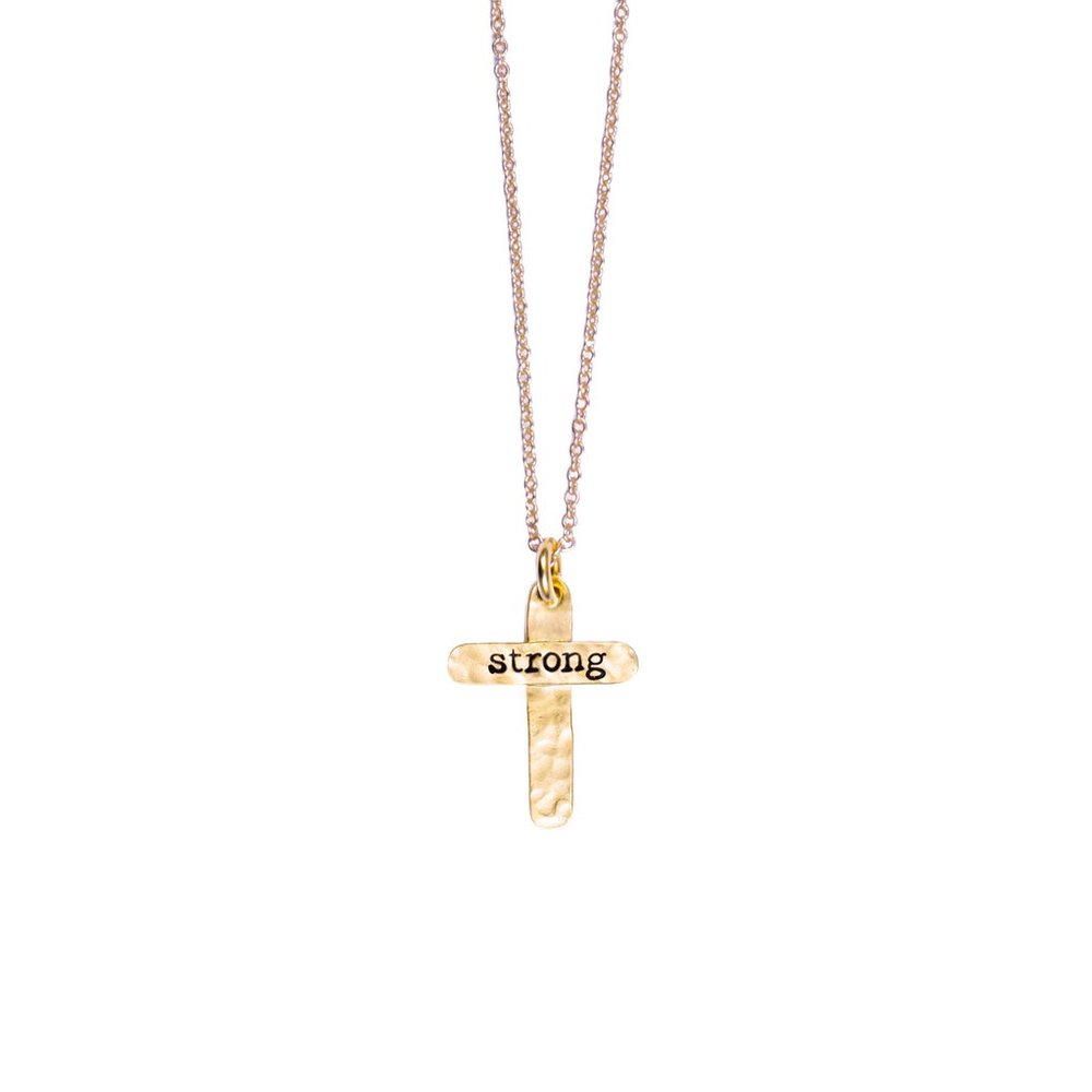 gold cross necklace with word "strong" on it